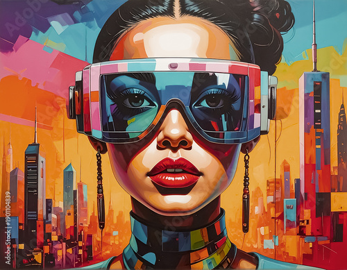 Portrait futuriste urbain en couleurs vives – style pop art cyberpunk