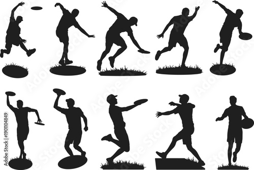 Disc throwing athlete silhouettes set, men performing dynamic discus throw actions outdoors, black vector illustration for sports and fitness