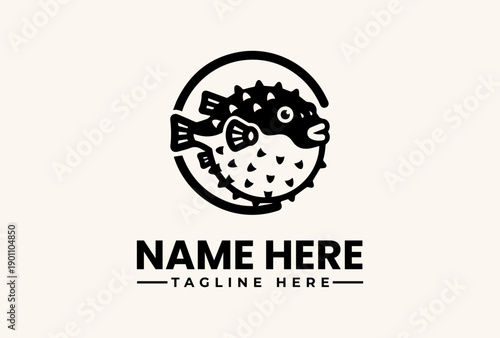 Black and white illustration of a pufferfish within a circle, accompanied by placeholder text for a name and tagline on a clean background.