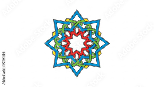 Vibrant star shaped mandala with intricate blue green red and yellow patterns on white background symbolizing harmony and balance