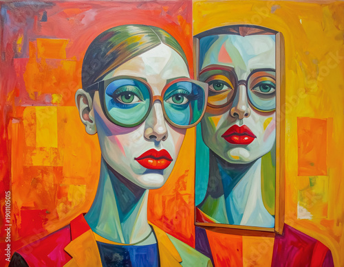 Surreal Female Portrait in Mirror – Expressionist Colorful Art