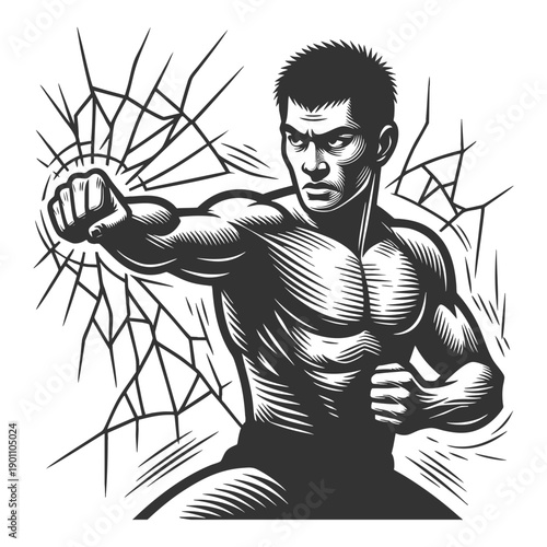powerful martial artist breaking through a wall with a punch, symbolizing strength and determination sketch engraving generative ai vector illustration. Scratch board imitation. Black and white image.