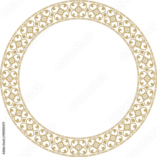 Vector round gold ancient Russian ornament. Slavic border, frame. Circle, ring. Painting of the royal chambers.