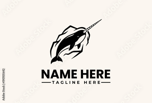 Black and white illustration of a narwhal logo with a wave, accompanied by placeholder text on a beige background.