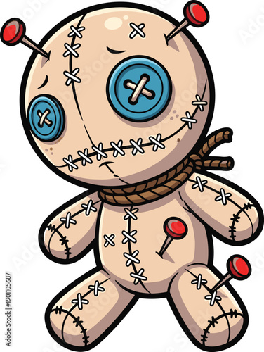 Sad cartoon voodoo doll character with pins and button eyes, mystical stuffed fabric toy with stitches, spooky occult mascot vector isolated on white background.