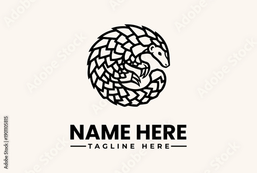 Black vector illustration of a pangolin curled up in a circle with a placeholder name and tagline on a beige background.