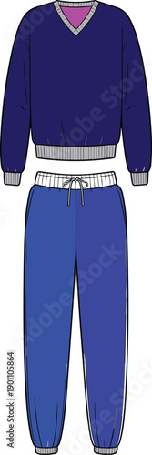 Navy blue sweatshirt and blue sweatpants with gray accents