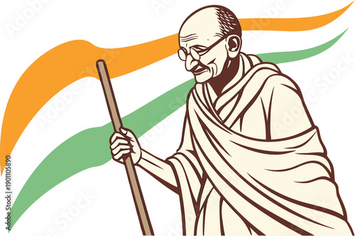 Mahatma Gandhi Illustration for Historical Art. Mahatma Gandhi Portrait Illustration Design. Iconic Mahatma Gandhi Illustration for Cultural Art. Indian Mahatma Gandhi Peace and Freedom Illustration