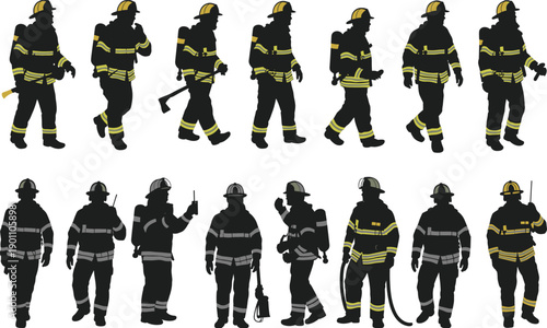 Firefighter silhouettes collection, emergency responders in protective gear, walking poses with equipment, black vector illustration set isolated