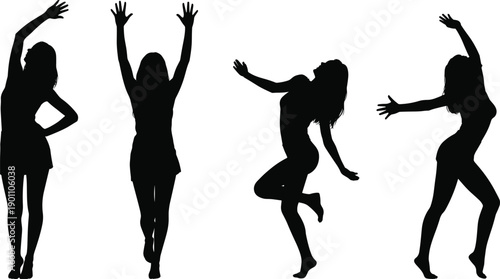 Happy dancing woman silhouettes collection, female celebrating freedom and joy with expressive movement poses, black vector icons set