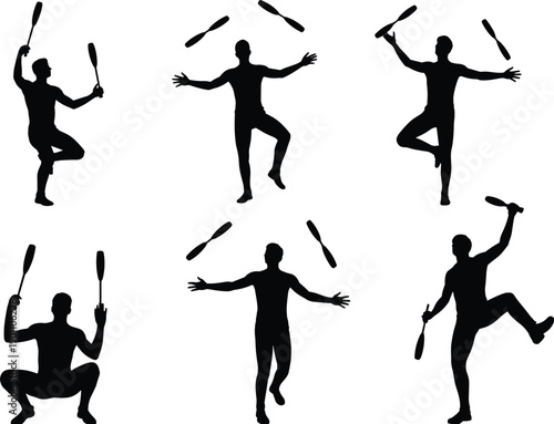 Juggling performer silhouettes collection, men tossing clubs in dynamic balance poses, black vector icons set for entertainment