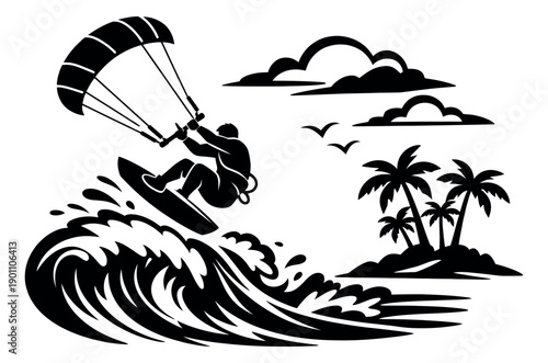 Graphic illustration of a kitesurfer depicting riding a large ocean wave for a summer beach sport