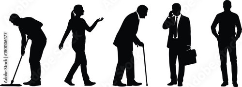 Human silhouette icon set with cleaning, walking, elderly, business, and casual poses, vector illustration, editable design, isolated graphics