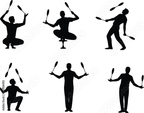 Juggling performer silhouettes set, men tossing clubs in various poses, black vector icons collection for circus and entertainment