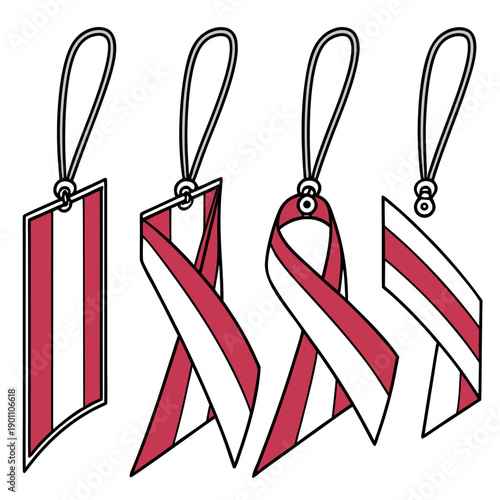 Set of Red and White Striped Ribbon Tags and Labels for Design and Branding. Red and White Awareness Ribbons and Festive Gift Tags Isolated on White Background.