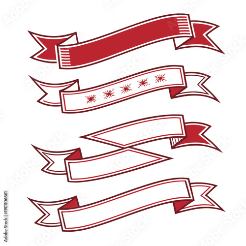 Red Vector Ribbon Banners Set with Multimedia Pennant Flags and Decorative Sale Tags Vintage Graphic Elements for Marketing Promotion Reward Badges and Social Media Branding.