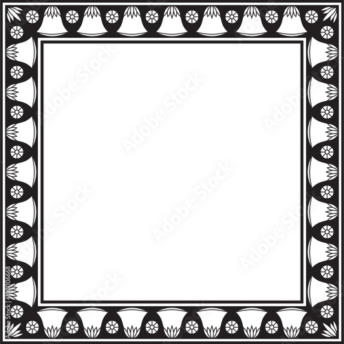 Vector black monochrome square Egyptian ornament. Rectangle, frame, ancient Egypt.Pattern of lotus flowers and sun. Template for stained glass
