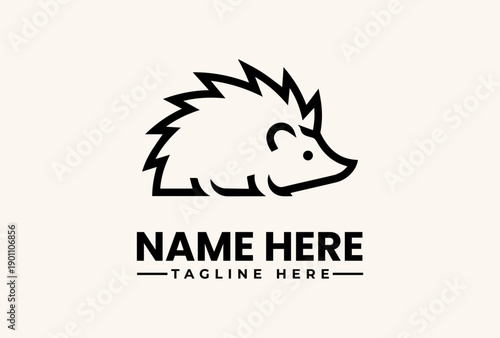 A simple black hedgehog logo with spiky quills and a smiling face, accompanied by placeholder text for a name and tagline on a beige background, presented in a vector illustration style.