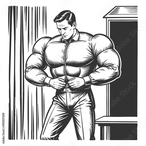 man wearing his fake muscles shirt, symbolizing performative masculinity and self-image sketch engraving generative ai fictional character vector. Scratch board. Black and white.