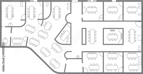 Office floor plan with meeting rooms and workspaces tables