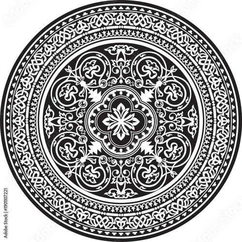 Vector black monochrome stencil round classic byzantine ornament. Circle, ring, border, Ancient Greece, Eastern Roman Empire frame. Decoration of the Russian Orthodox Church
