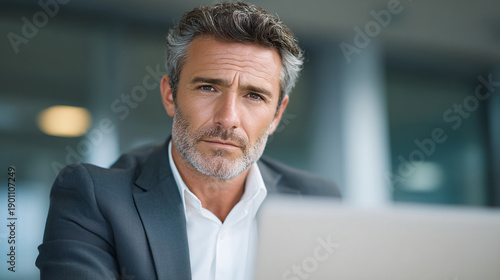 A mature man in a business suit working on a laptop.