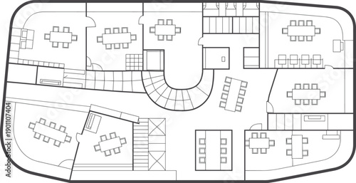 Office floor plan with meeting rooms and workstations layout tables