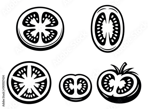 Line art tomato set featuring various slices and halves for cooking and recipe designs