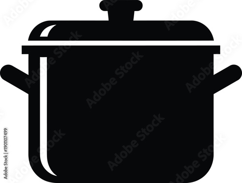 A simple black silhouette of a cooking pot with handles and lid on a white background.