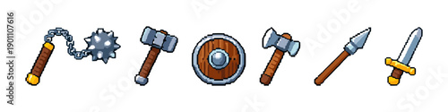 Pixel art medieval weapons collection: flail, axe, shield, spear, sword