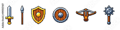 Pixel art medieval weapons and shields: sword, spear, round shield, crossbow, mace