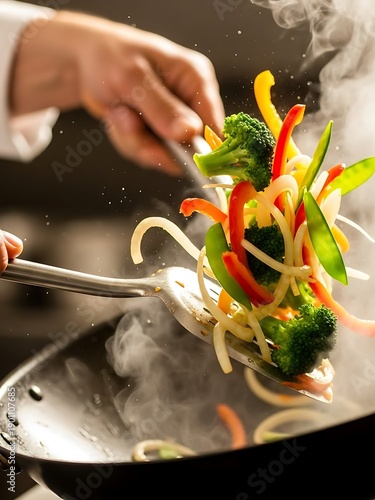 Vibrant stir-fry creation in motion, sizzling freshness on the stove