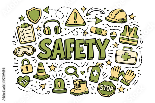 Safety equipment and signs illustration with protective gear and warning symbols