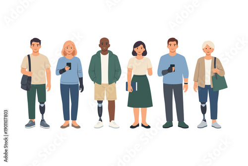 Diverse group of individuals with prosthetics and assistive devices standing together