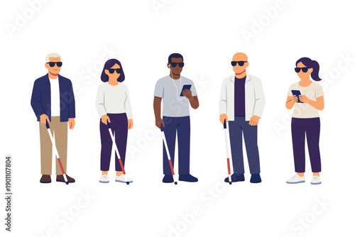 Diverse group of visually impaired people using smartphones and mobility canes