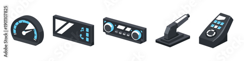 Set of modern car dashboard icons with speedometer and controls