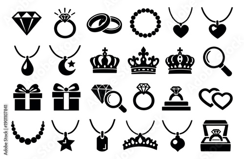 Black glyph jewelry and accessory set featuring diamonds, rings, necklaces, bracelets, gift boxes, and crowns for luxury fashion concepts
