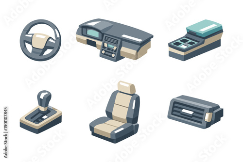 Vehicle interior components: steering, dashboard, console, gear, seat, air vent