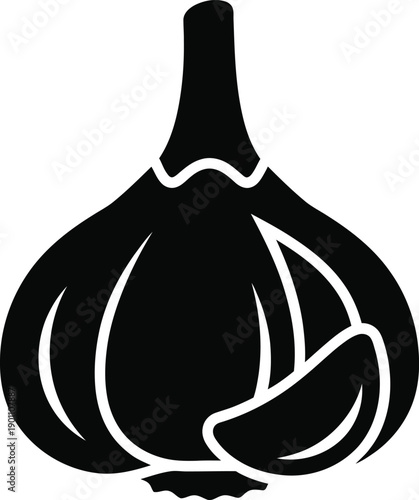 A simple black and white illustration of a garlic bulb with one clove exposed.