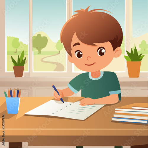 A quiet moment of concentration as a child practices writing independently at home.