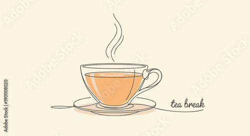 Vector illustration of steaming cup of tea on saucer with 'tea break' text, for banner or poster
