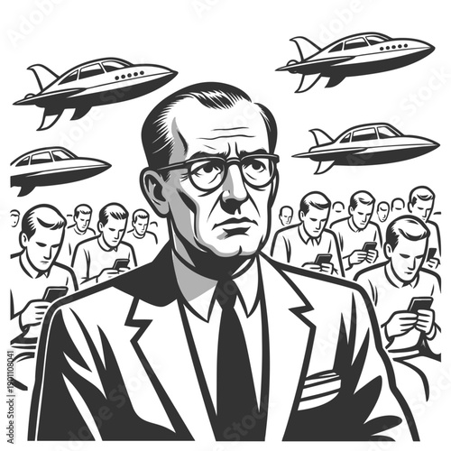 stern man among phone-absorbed clones, with flying cars overhead, symbolizing failed futuristic ideals sketch engraving generative ai vector illustration. Scratch board imitation. Black and white.