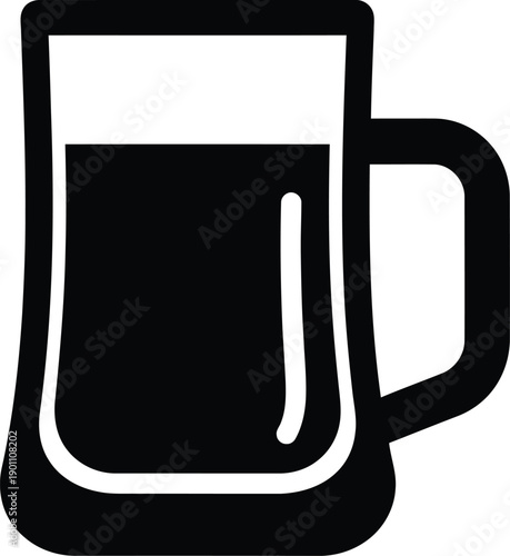 A simple black and white illustration of a mug filled with a dark beverage.