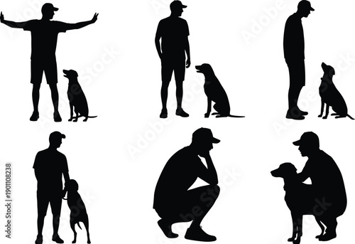 Man training dog silhouettes set, owner giving commands and bonding with pet, black vector icons collection isolated