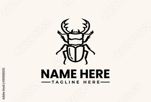 A minimalist vector illustration of a beetle logo with a tagline on a clean white background, featuring a bold black design and placeholder text.