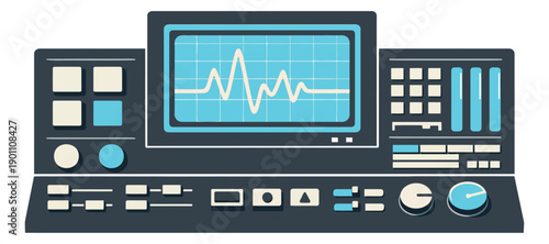 Flat illustration of a control panel depicting a waveform on a screen for data analysis