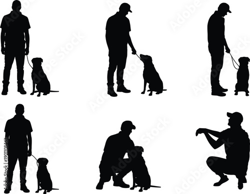 Man walking and training dog silhouettes set, pet owner holding leash and bonding with canine, black vector icons collection