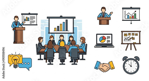 Business meeting presentation and collaboration icons.
