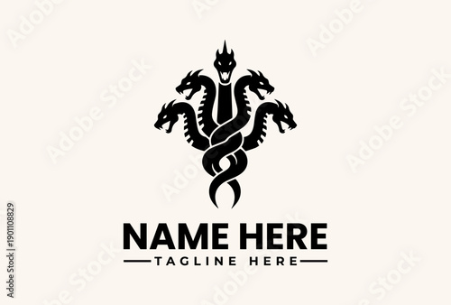 A black vector illustration of a dragon logo with intertwined snakes and a crown, set against a clean white background with space for a name and tagline.