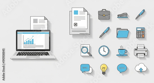 Business office supplies and technology icons collection.